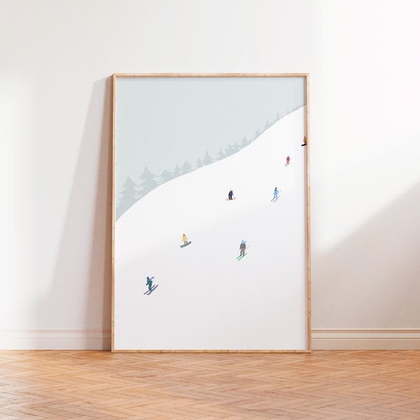 Winter Ski Hill Poster, Mini Skiers and Snowboarders on the Mountain, Vintage Ski Wall Art, Downhill Ski Printable Art