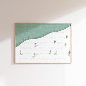 Mini skieurs et planchistes sur la montagne, art mural ski vintage, art imprimable ski alpin, affiche de ski d'hiver rétro, affiche horizontale