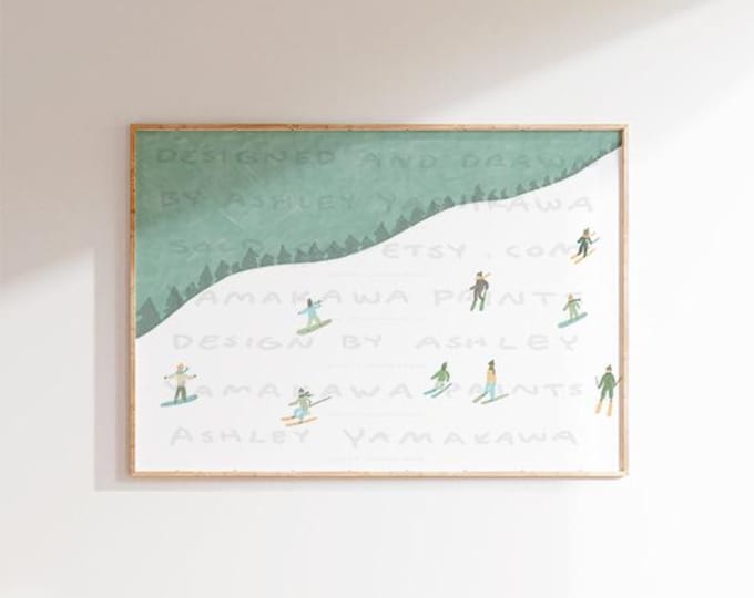 Mini Skiers and Snowboarders on the Mountain, Vintage Ski Wall Art, Downhill Ski Printable Art, Retro winter ski poster, horizontal poster