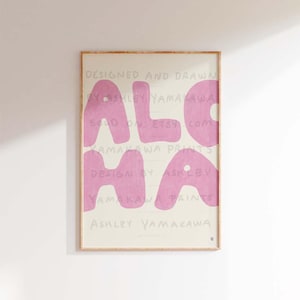 Póster tipográfico retro ALOHA, arte mural hawaiano vintage, decoración ecléctica para el hogar, impresión de pared estética rosa claro, impresión artística inspirada en Hawái