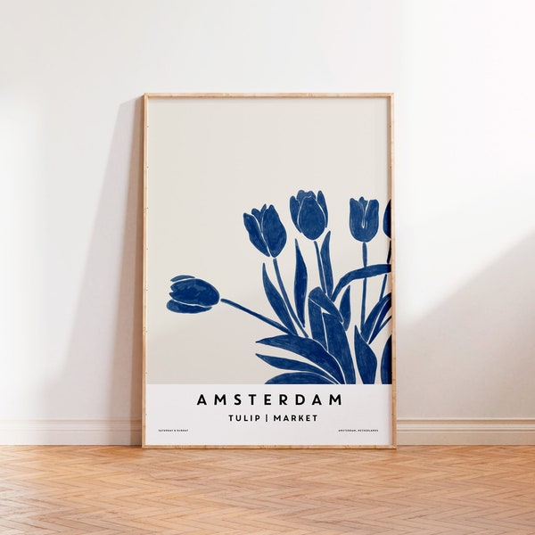 AMSTERDAM Blumenmarkt Poster, Blauer Niederlande Tulpenmarkt, Holland Tulip Art Print, Trendy Flower Market Wandkunst