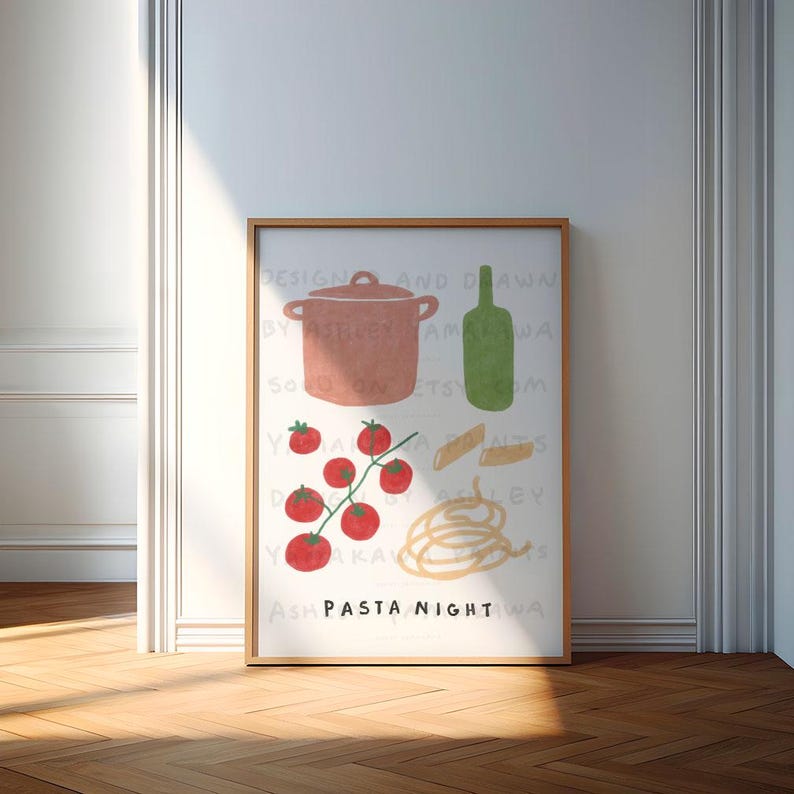 May include: A white poster with the text "PASTA NIGHT" in brown lettering. The poster features a hand-drawn illustration of a pot, a bottle of wine, tomatoes on a vine, and pasta.