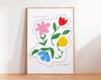 Colorful Floral Poster, Cute and Trendy Flower Art Print, Primary Color Wall Art, Aesthetic and botanical Wall Decor, Mid Century Style Art