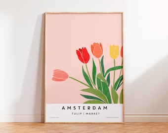 AMSTERDAM Flower Market Poster, Pink Netherlands Tulip Market, Holland Tulip Art Print, Trendy Flower Market Wall Art