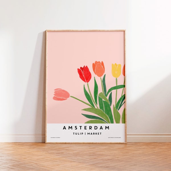 AMSTERDAM Blumenmarkt Poster, Rosa Niederlande Tulpenmarkt, Holland Tulip Art Print, Trendy Flower Market Wandkunst