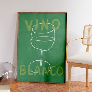 VINO BLANCO Wine Poster, Eclectic drinks Wall Art, Contemporary Poster, Green Wall Art for Kitchen, Mid Century, Bar Cart Art Print zdjęcie 6