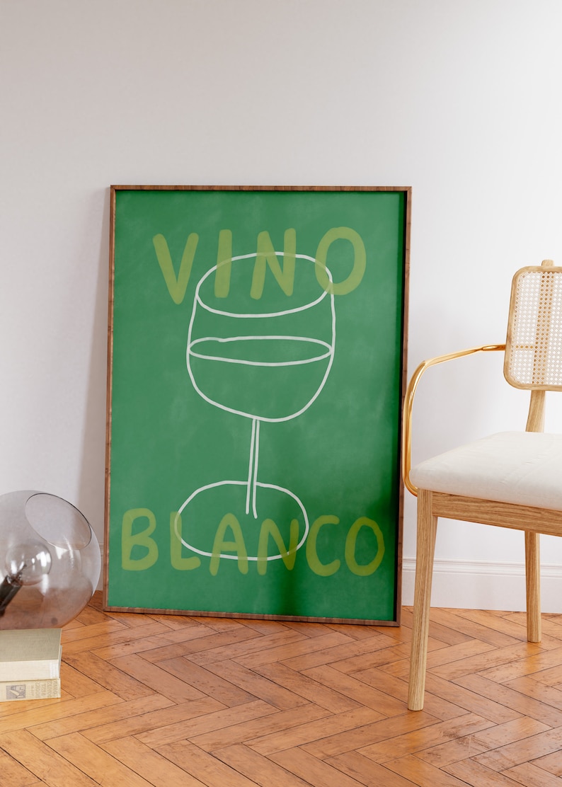 VINO BLANCO Wine Poster, Eclectic drinks Wall Art, Contemporary Poster, Green Wall Art for Kitchen, Mid Century, Bar Cart Art Print zdjęcie 6