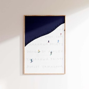 Winter Ski Hill Poster, Mini Skiers and Snowboarders on the Mountain, Vintage Ski Wall Art, Downhill Ski Printable Art, Night Ski Poster
