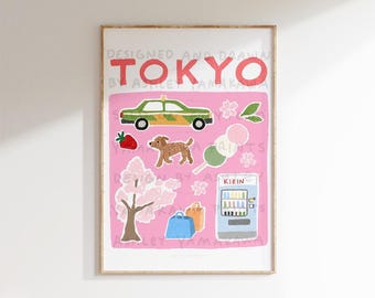 TOKYO Poster, rosa Japan Wandkunst, Illustrierter Stil Tokyo Print, druckbare Tokyo City Print, süße Stadtdrucke, Lieblingsdinge Poster