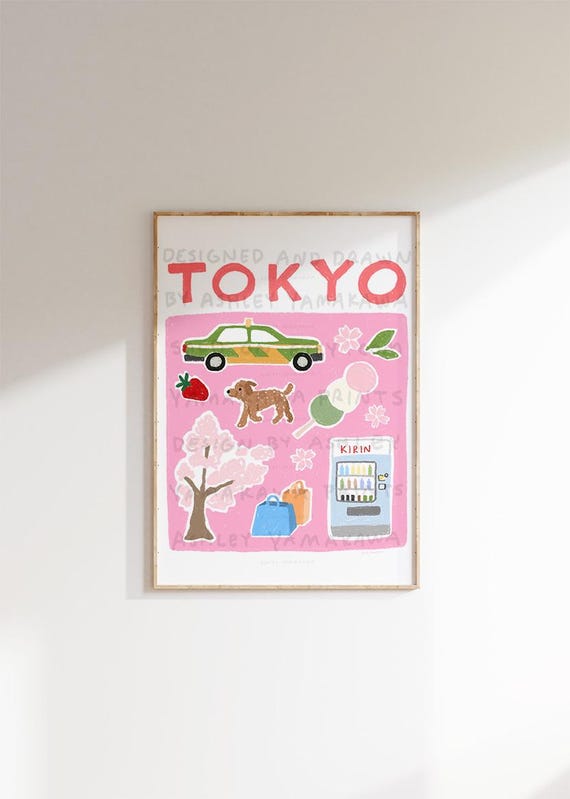 TOKYO Poster, Pink Japan Wall Art, Illustrated Style Tokyo Print
