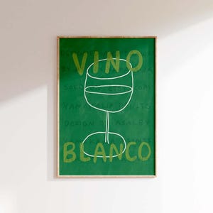Plakat z winem VINO BLANCO, Eklektyczne drinki, Sztuka ścienna, Współczesny plakat, Zielona sztuka ścienna do kuchni, Połowa wieku, Wydruk artystyczny na wózku barowym