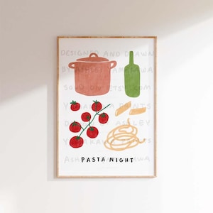 May include: A white framed print with the text "PASTA NIGHT" in black. The print features a red pot, a green bottle, a bunch of red tomatoes, and yellow pasta.
