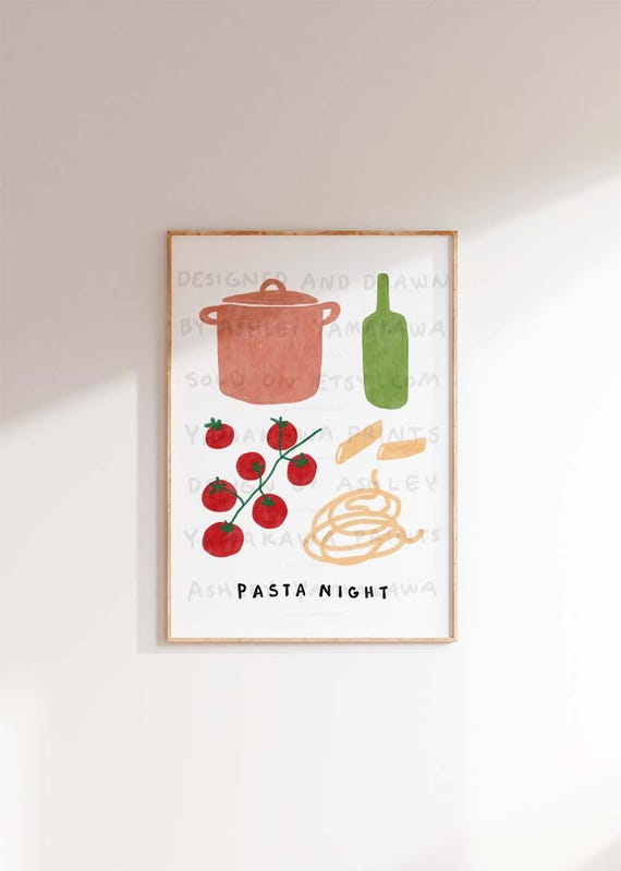 Pasta Night Wall Art, Italian Food print, Retro Art Print, Eclectic kitchen Poster, Trendy Food, Pasta Ingredient poster, cookbook poster