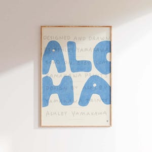 RETRO ALOHA Typography Poster, Vintage Hawaiian Wall Art, Eclectic Home Decor, Aesthetic Light Blue Wall print, Hawaii inspired Art print