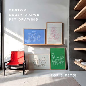 Aangepaste slecht getekende huisdiertekening voor 3 huisdieren, digitale afdrukbare hondenportret kunst aan de muur, hondenliefhebber cadeau, gepersonaliseerd hondenportret, uniek huisdier