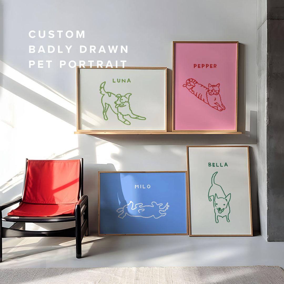 Custom Badly Drawn Pet Portrait, Dog Portrait Wall Art, Dog Gift ...