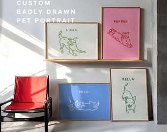 Retrato de mascota mal dibujado personalizado, arte mural con retrato de perro, regalo para perro, retrato de perro personalizado, póster único para mascota, retrato de mascota mal dibujado