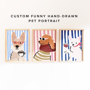 Może przedstawiać: Trzy oprawione, ręcznie rysowane portrety zwierząt. Każdy przedstawia psa z unikalnymi akcesoriami i pasiastym tłem. Tekst "CUSTOM FUNNY HAND-DRAWN PET PORTRAIT" znajduje się nad ramkami.