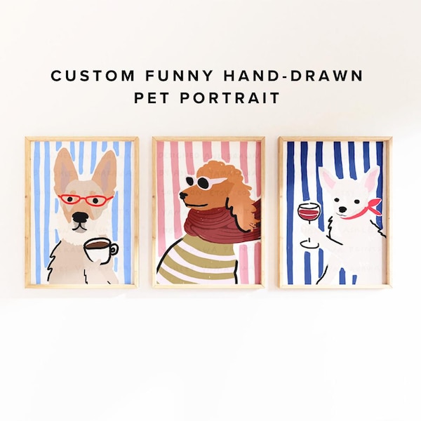 Custom Funny Hand Drawn Pet Portrait, Unique Cartoon Pet Art, Personalized Animal Gift for Pet Lovers, Digital Printable Portrait Wall Art