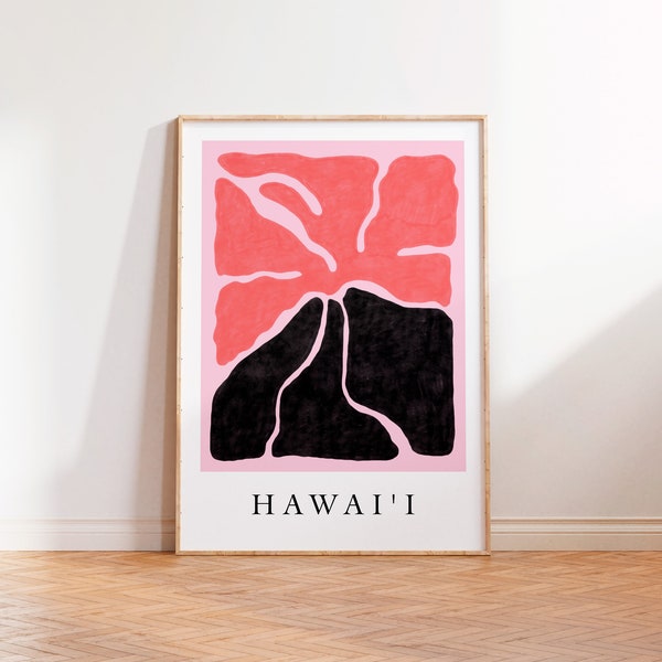 Retro Pink Hawaii Volcano Poster, Hawaii Wall Art, Vintage living room Digital Print, Hawaii Island Poster, Aesthetic Tropical wall art