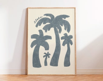 Vintage Aloha Hawaiian Poster, Hawaii inspired Wall Art, Retro living room Digital Print, Abstract Palm Tree Wall Print, minimalist Art