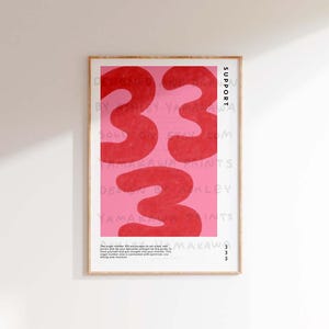 Arte de parede ANJO NÚMERO 333, estampa moderna em rosa e vermelho, pôster de parede com afirmação espiritual, arte de parede sobre alinhamento e manifestação