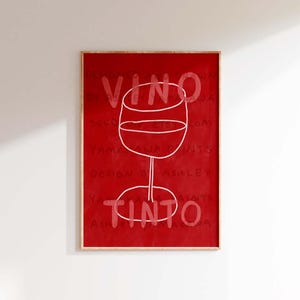 Plakat z winem VINO Tinto, Eklektyczne drinki, Sztuka ścienna, Współczesny plakat, Pop Red Wall Art do kuchni, Mid Century, Bar Cart Art Print