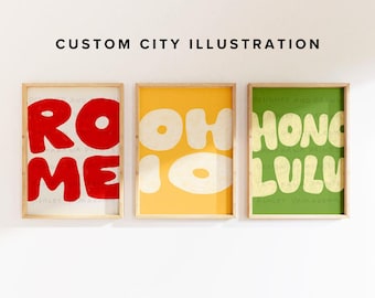Póster tipográfico personalizado de ciudad, arte mural personalizado de ubicación, lámina artística con nombre de ciudad o pueblo, arte mural digital personalizado para descargar, lámina artística de ciudad