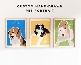 Custom Hand-drawn Pet Portrait, Digital Printable Dog Portrait Wall Art, Dog Lover Gift, Cute and funny animal art, Unique animal portrait