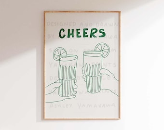 CHEERS Drinks Poster, Bar Cart Art, Margarita Art Print, Contemporary Liquor Poster, Dinner Party Wall Art, Artwork for bar cart, tequila