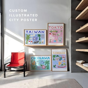 Póster de ciudad ilustrado personalizado, arte mural colorido y personalizado, impresión ecléctica de ciudad, impresión de ciudad moderna, regalo personalizado de moda