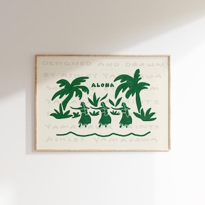RETRO Aloha Hula Poster, Vintage Hawaiian Wall Art, Eclectic Home Decor, Topical Botanical Print, Palm Tree Wall Art, Hawaii Poster