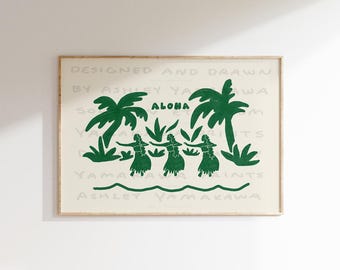 RETRO Aloha Hula Poster, Vintage Hawaiian Wall Art, Eclectic Home Decor, Topical Botanical Print, Palm Tree Wall Art, Hawaii Poster