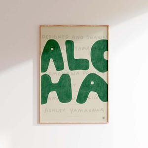 RETRO ALOHA typography Poster, Vintage Hawaiian Wall Art, Eclectic Home Decor, Aesthetic Green Wall print, Hawaii inspired art print