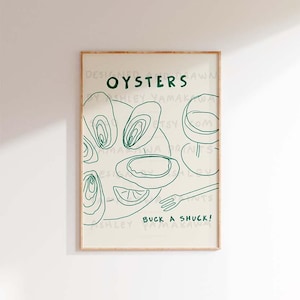 May include: A green line drawing of oysters, lemons, and a fork on a plate with the text "OYSTERS" and "BUCK A SHUCK!" in green.