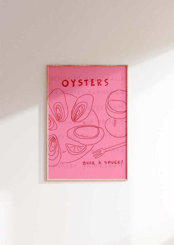 Buck a Shuck Oyster Wall Art, Modern Food Wall Art, Pink and Red Art Print, Contemporary Wall Art, Dinner Party Art, Eclectic Oyster Poster