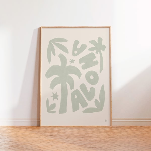 Retro Sage Green Aloha Poster, Hawaii Wall Art, Vintage living room Digital Print, Modern Palm Tree Poster, Aesthetic Hawaiian wall art