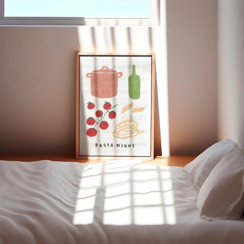 May include: A white poster with a brown wooden frame. The poster features a hand-drawn illustration of a pot, a bottle of wine, tomatoes, and pasta. The text "PASTA NIGHT" is written in brown at the bottom of the poster.