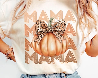 Mamá calabaza PNG, camiseta de otoño de mamá PNG, camiseta de otoño de mamá coqueta PNG, mamá calabaza de Halloween con lazo de leopardo Png, mamá otoño sublimación
