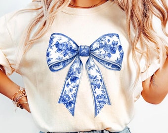 Blue Coquette Bow PNG, Chinoiserie Bow PNG, Trendy Girly Bow Ribbon Shirt Design, Grandmillenial Aesthetic, Preppy Blue Bow Sublimation PNG