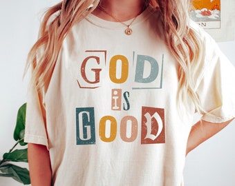 Bóg jest dobry PNG SVG, Bóg Svg, Retro Boho Chrześcijańska bluza SVG Design, Religijna koszulka Png, Sublimacja Png, Zniszczone i Solidne Png