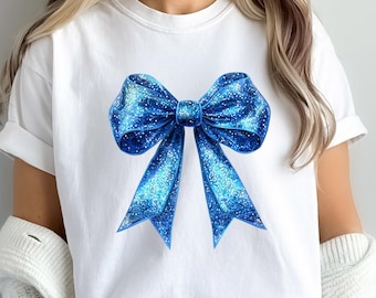 Blauwe flirtstrik png, strik met glitterpailletten png, trendy girly striklint shirtontwerp, grandmillenial esthetiek, preppy blauwe striksublimatie