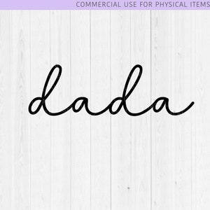 Op de afbeelding: Een zwart-wit cursief lettertypeontwerp dat "dada" zegt.