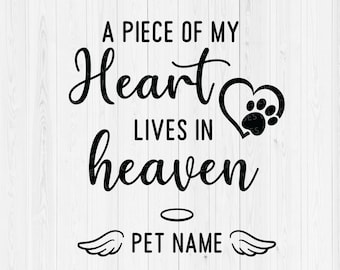 Może przedstawiać: Czarno-biały projekt graficzny z tekstem "A piece of my heart lives in heaven" i sercem z odciskiem łapy. Pod tekstem znajduje się aureola i skrzydła z tekstem "PET NAME".