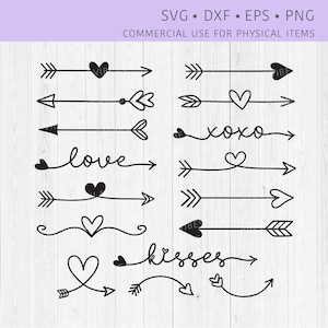 Herz Pfeil SVG, Pfeil mit Herz SVG, Herz Pfeil Clipart, Herz Pfeil Png, Valentine Pfeile Bundle SVG, Handgezeichnet Doodle Pfeile