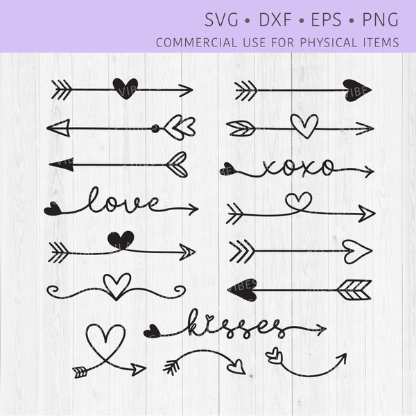 Arrow SVG, Arrow Heart SVG, Valentine Hand Drawn Arrows Bundle Svg, Doodle Arrows, Valentines Cut Files, png, dxf, eps, Cricut Silhouette