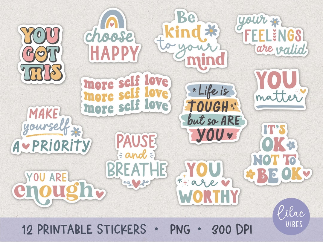 Mental Health Sticker Bundle, 12 PNG Printable Stickers, Self Love ...