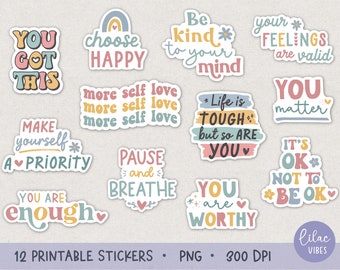 Mental Health Sticker Bundle, 12 PNG Printable Stickers, Self Love Printable Sticker Pack, Self Care Stickers for Print and Cut