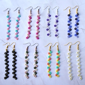 Flower Chain Earrings, Seed Beads, Handmade, Dangle, Jewelry, Daisy