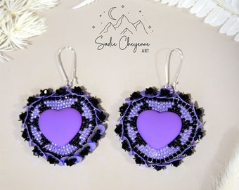 Brincos de miçangas, pastel, roxo, preto, joias, miçangas, ponto plano, feito à mão, miçangas, coração, ganchos de rim